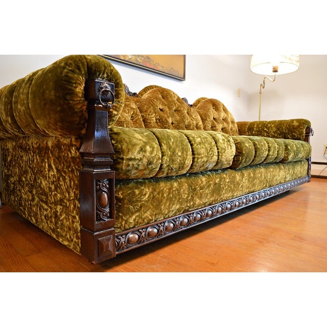 Gothic Mid-Century Crushed Green Velvet Sofa | Chairish