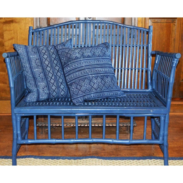 Indigo Rattan Bench with Pillows Chairish