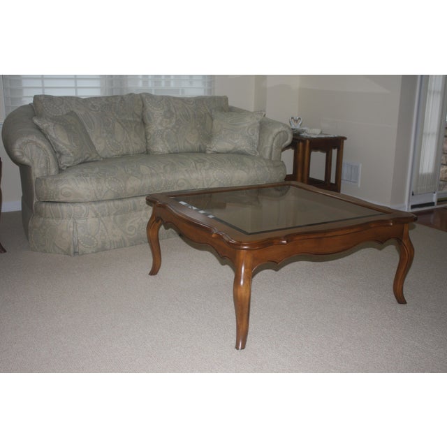 Ethan Allen Country French Coffee Table With Beveled Glass Insert