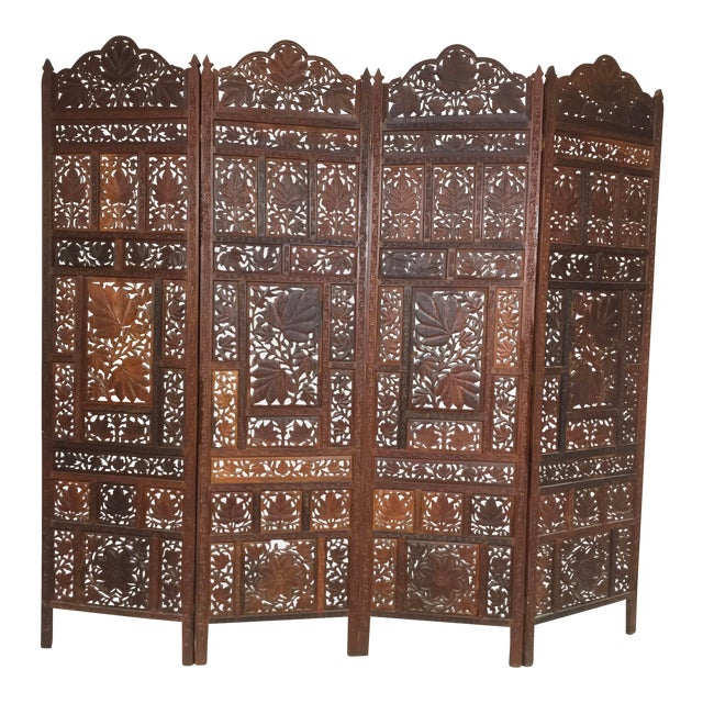 Indian Carved Teak Four Panel Screen Chairish