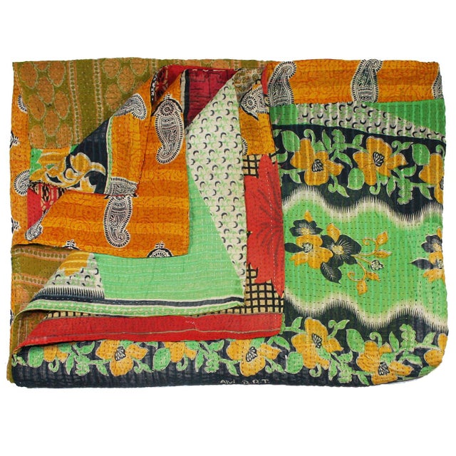 Vintage Orange & Green Kantha Quilt Chairish