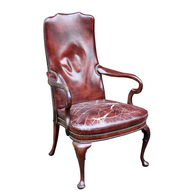 Distressed Burgundy Leather & Mahogany Arm Chair | Chairish