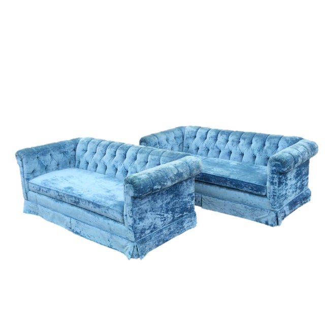 Vintage Blue Velvet Chesterfield Sofas a Pair Chairish