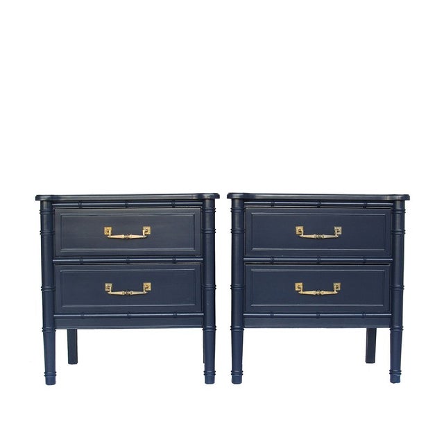 Navy Blue Lacquered Faux Bamboo Nightstands - Pair | Chairish