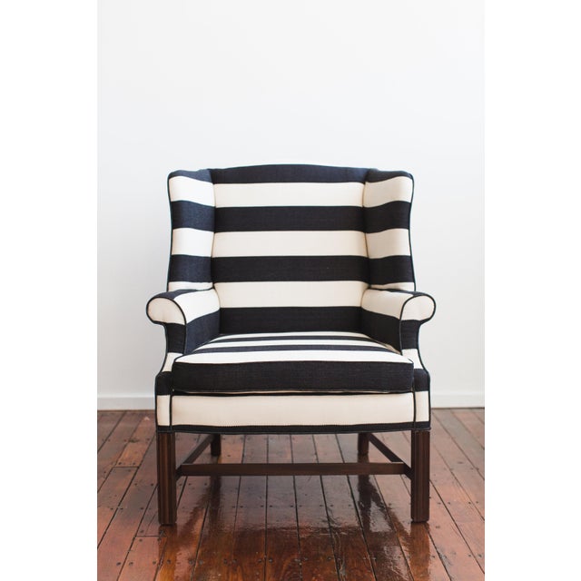 Large Upholstered Black and White Striped Chair | Chairish