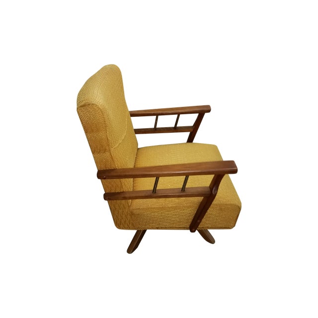 MCM Gold Chenille and Wood Swivel Lounge Chair Chairish