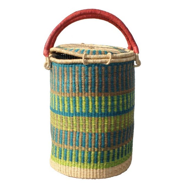 Tall African Woven Grass Basket w/ Lid Teal & Blue Chairish