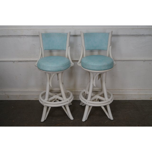 MidCentury Modern White Painted Bamboo Swivel Bar Stools Set of 4